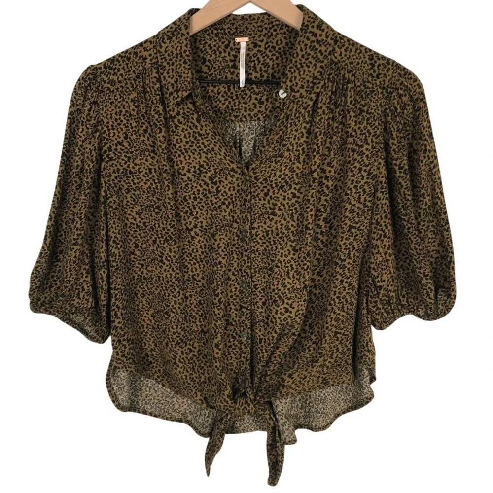 FREE PEOPLE Leopard Print Tie Front Button Down Puff Sleeve Top Sz S Brown